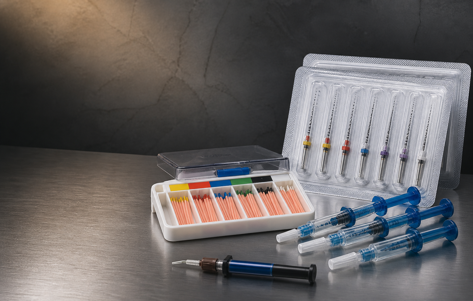 Sterile rotary files, gutta-percha points and endodontic treatment syringes