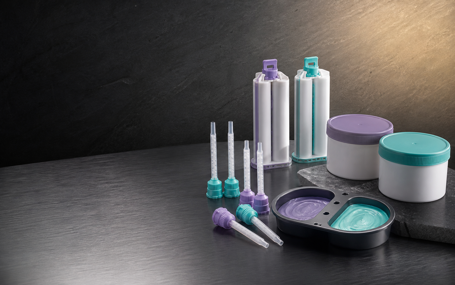Dental impression cartridges, mixing tips and impression putty