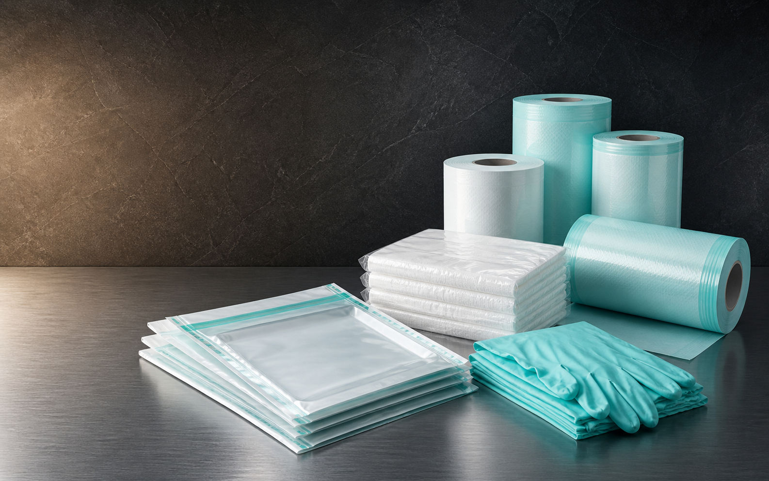Sterilization pouches, nitrile gloves and dental surface barriers