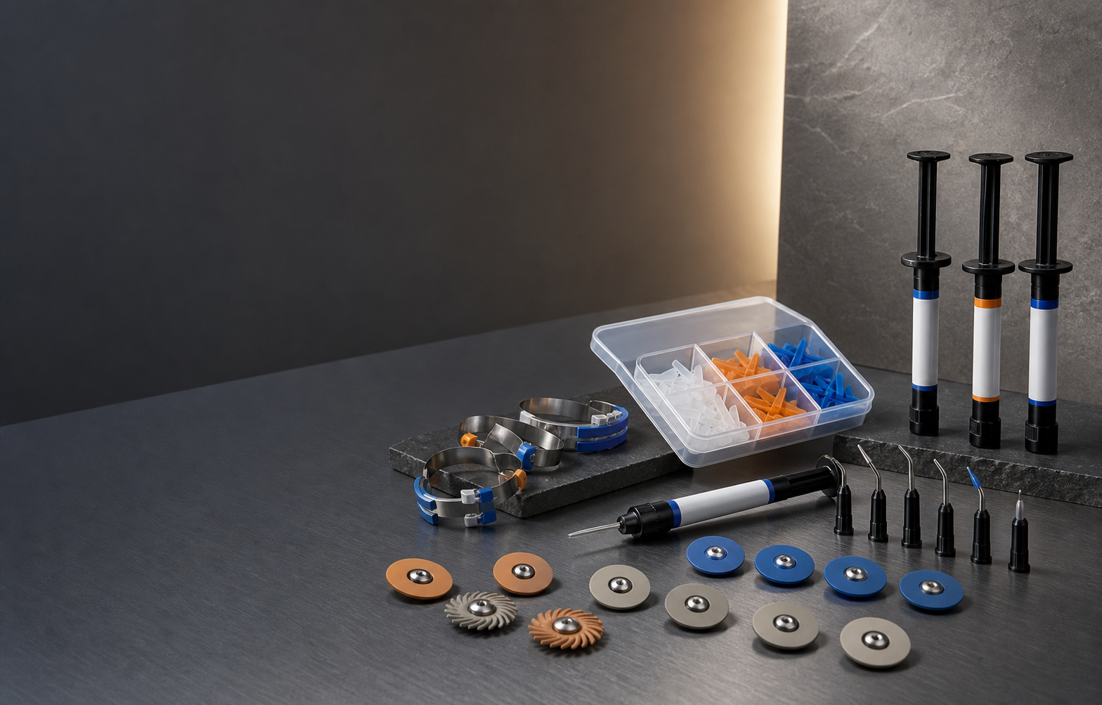 Matrix bands, wedges, polishing discs and restorative dental syringes